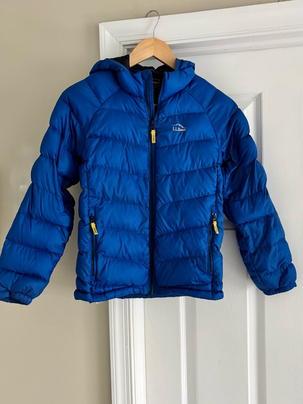 L.L. Bean Kids Blue Hooded Puffer Jacket with Yellow Zipper Pulls
